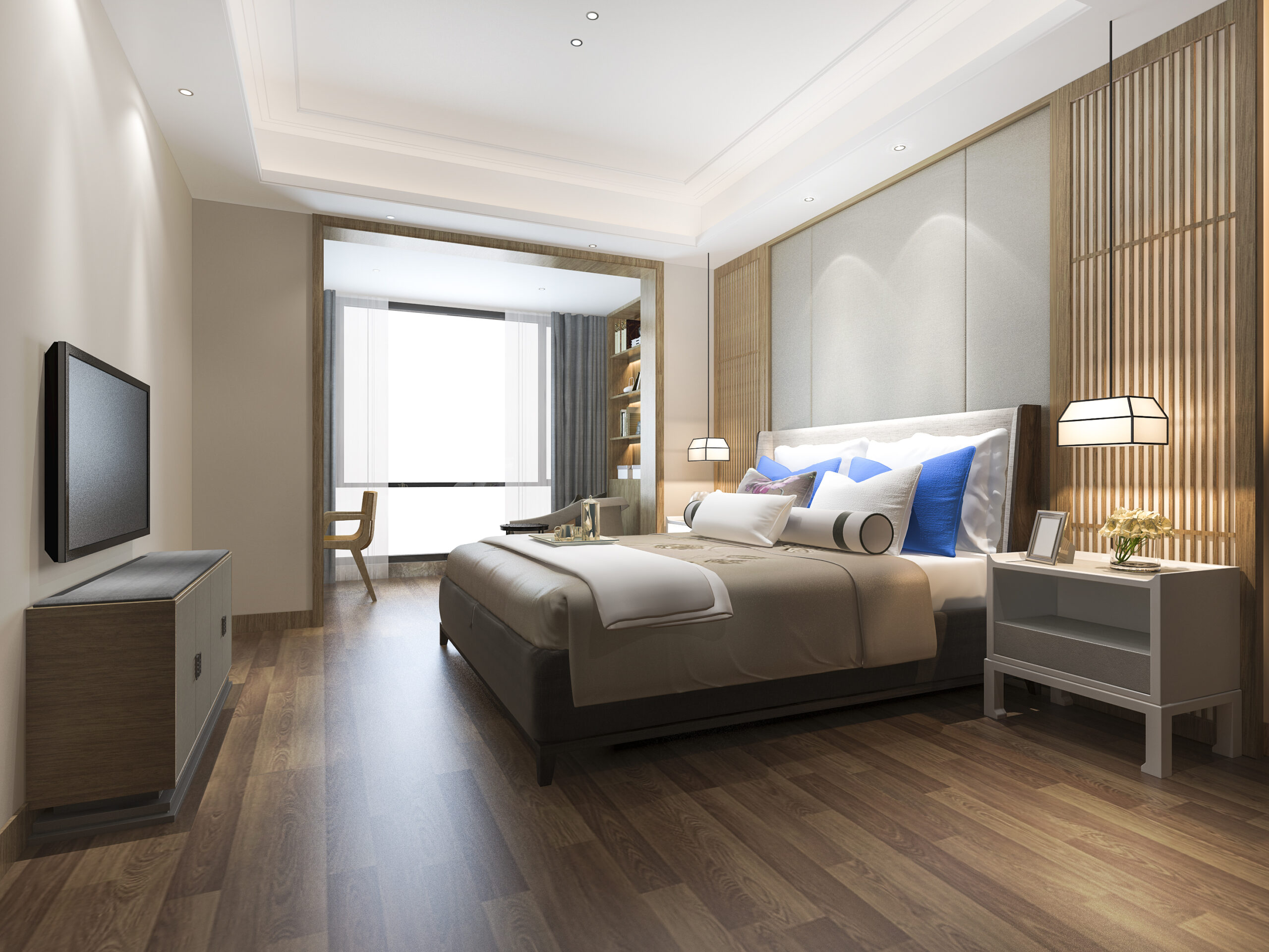 3d-rendering-luxury-blue-modern-bedroom-suite-in-hotel